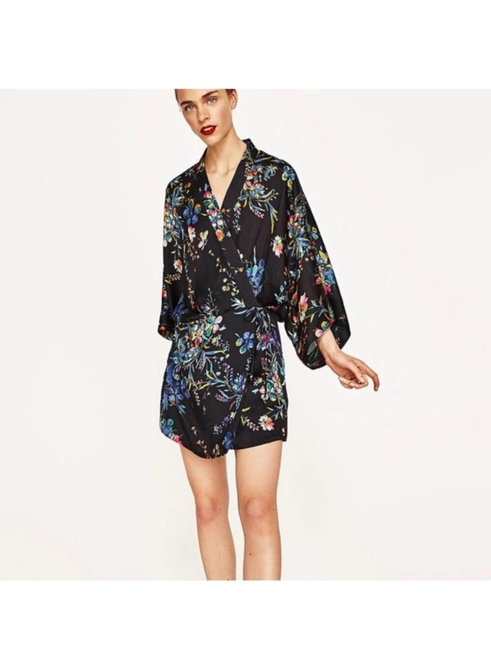 Zara Black Floral Kimono Dress or Cover Up Wrap Around Size Small Women's